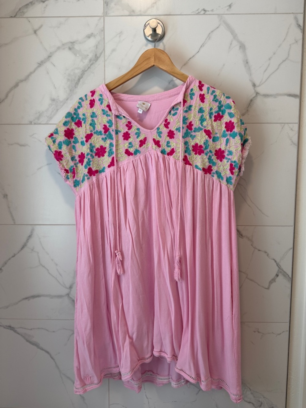 J. Marie Embroidered Pink Casual Dress with Tassel Tie